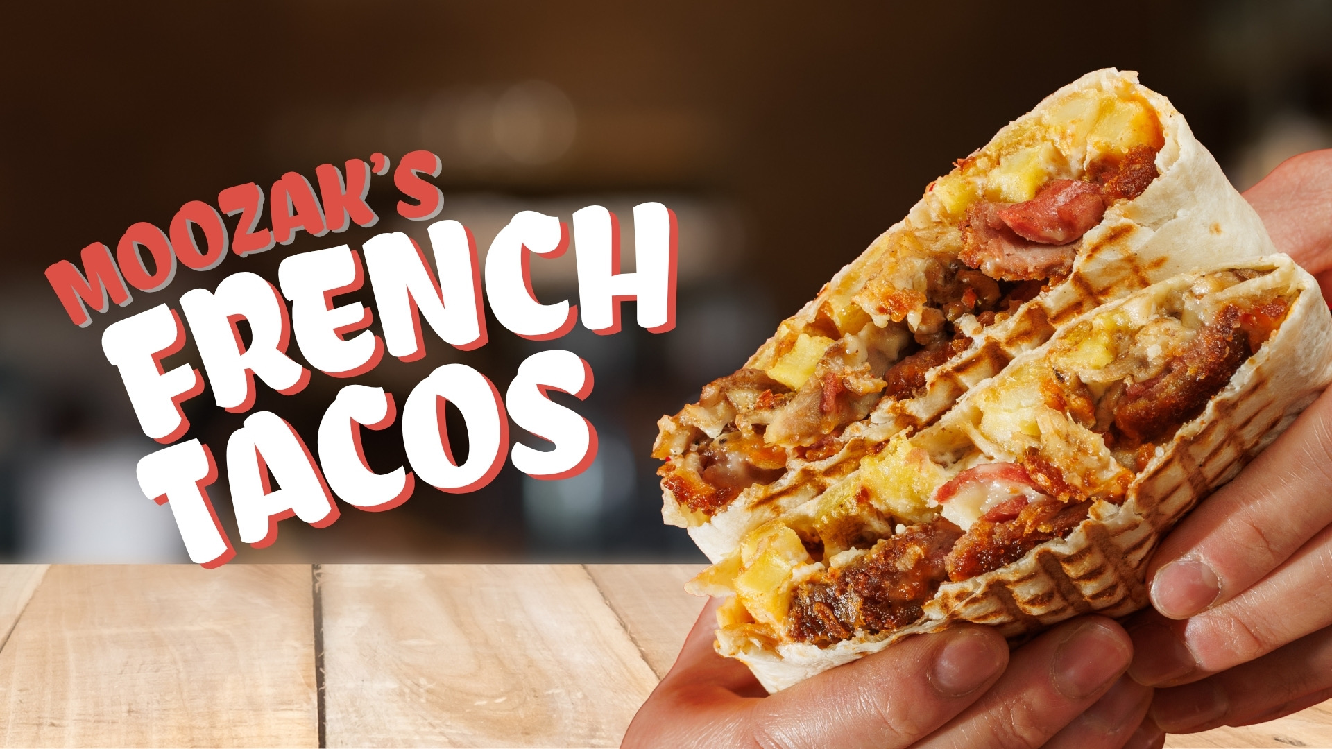 Moozak’s French Tacos promotional artwork featuring a freshly toasted filled taco